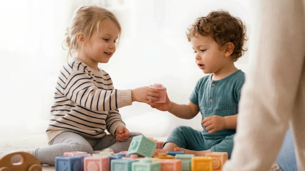 Two young children sharing a toy during play, practicing turn-taking and early social cooperation.