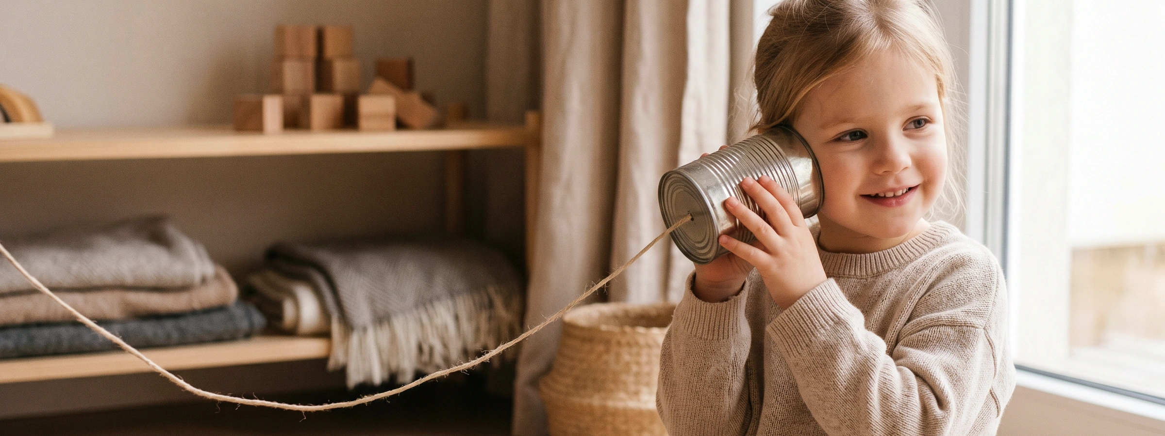 Young child exploring communication through imaginative play with a handmade string telephone