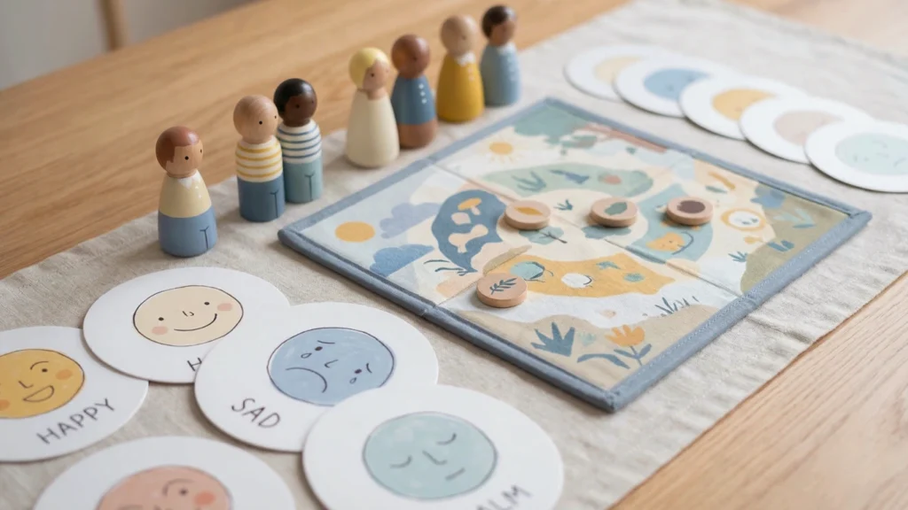 Emotion cards, figures, and play materials arranged to help children name feelings and explore different perspectives through play.