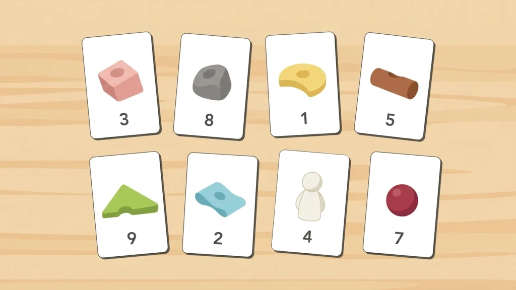 Sample order cards showing numbers and Resources shapes for a preschool counting activity.