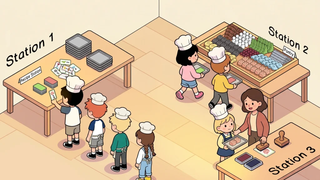 Classroom layout with order, pantry, and inspection stations for The Resource Bakery activity.