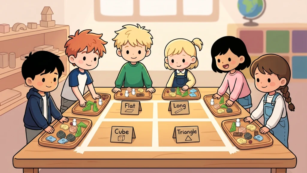 Children working together to sort Resources® pieces into labeled houses by shape in a classroom sorting and classification activity