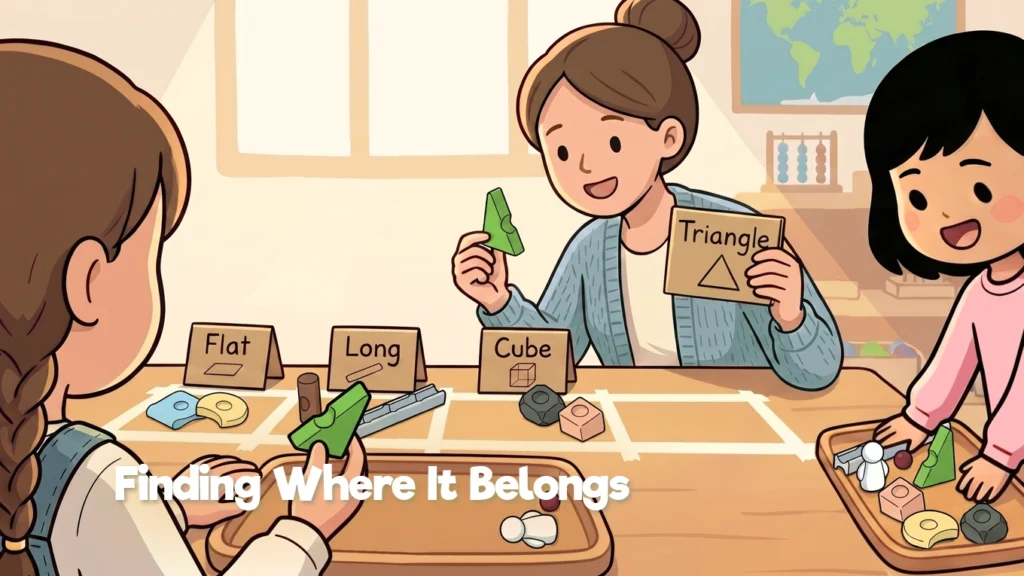 Children sorting Resources® pieces into labeled houses by shape and form in a classroom sorting and classification activity