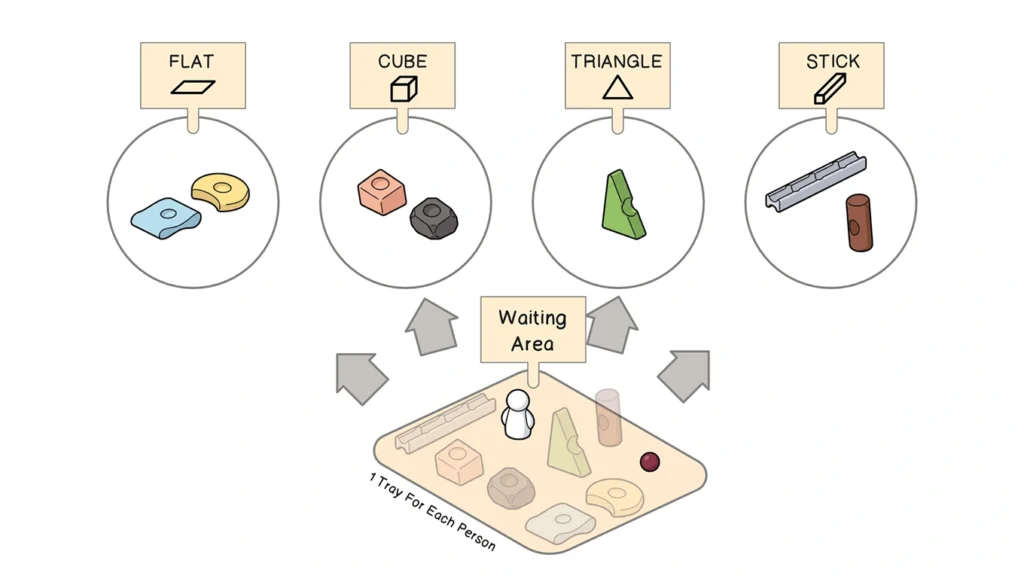 Children moving Resources® pieces from a waiting area into houses based on shape rules in a classification activity