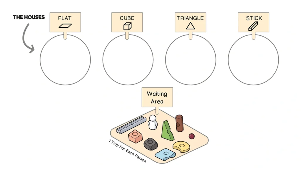 Initial setup of a sorting and classification activity using Resources® with labeled houses and a shared waiting area