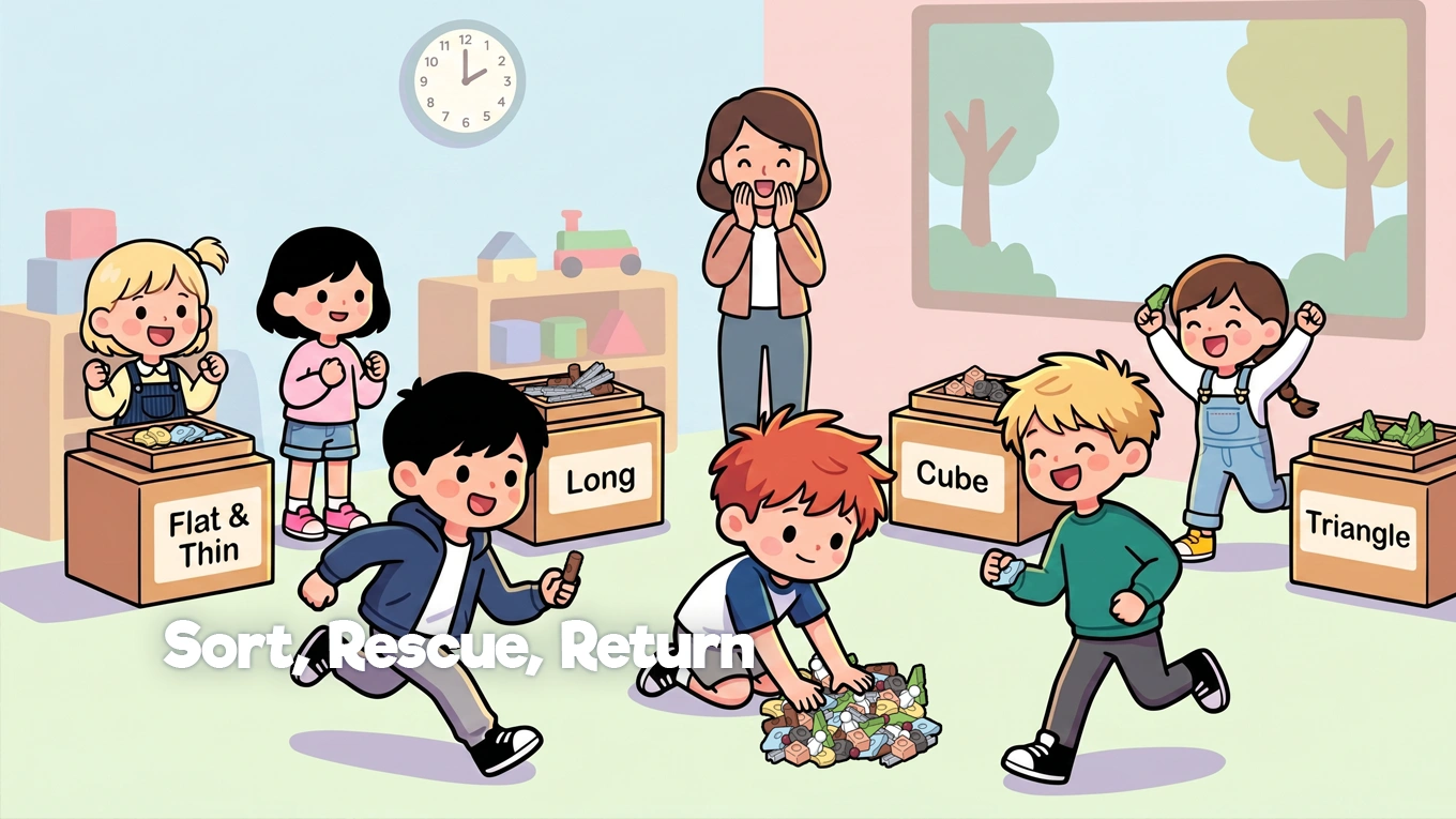 Children playing Rescuing Resources, a sorting activity for children using Resources® to observe shape, size, and visual attributes through movement.