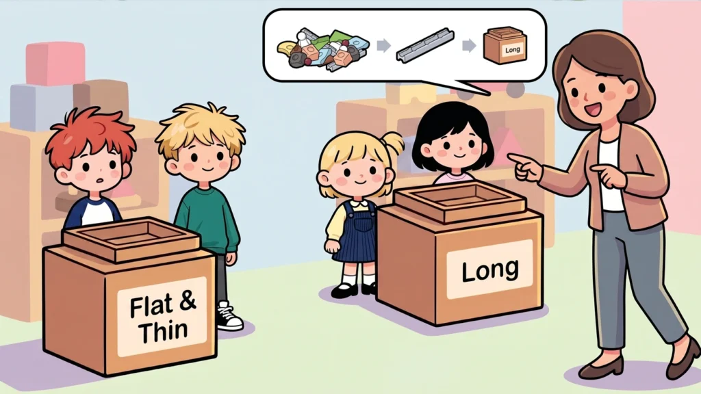 A teacher explains a Resources® sorting rule, showing children how to choose a long piece from the mixed pile and return it to the matching safe zone.