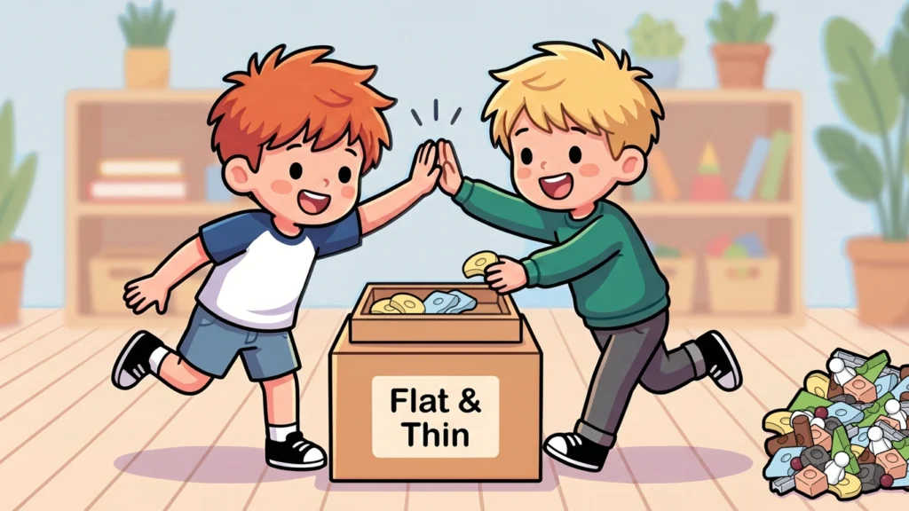 Two children return sorted Resources® to a Flat and Thin safe zone during a movement-based relay activity.
