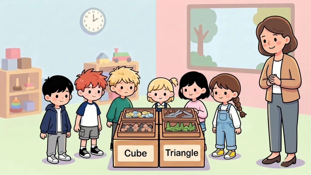 Children gather around sorted Resources® bins to review shape groups and compare what each team collected.