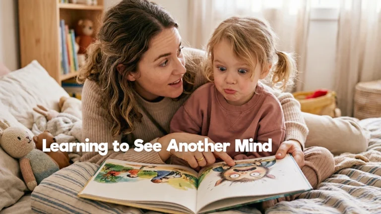 A parent reading a picture book with a child, creating a quiet moment to talk about thoughts, feelings, and different perspectives.