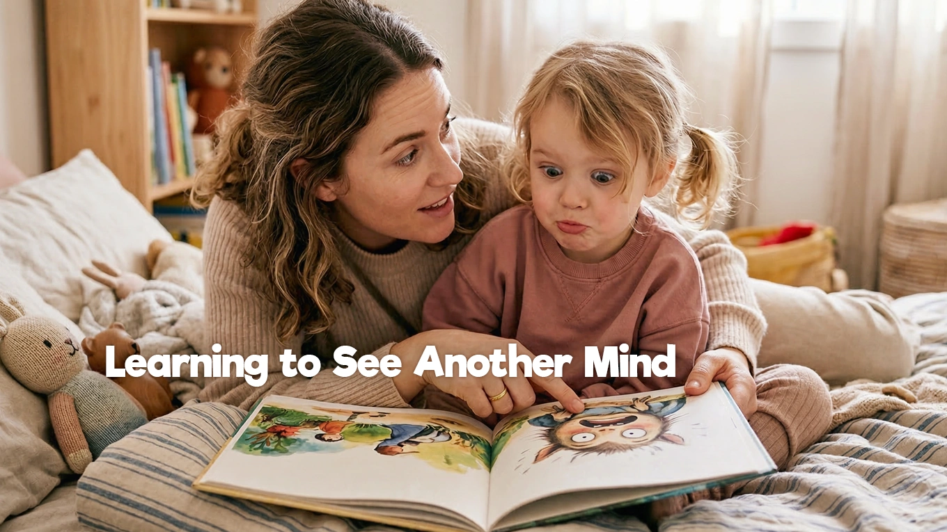 A parent reading a picture book with a child, creating a quiet moment to talk about thoughts, feelings, and different perspectives.